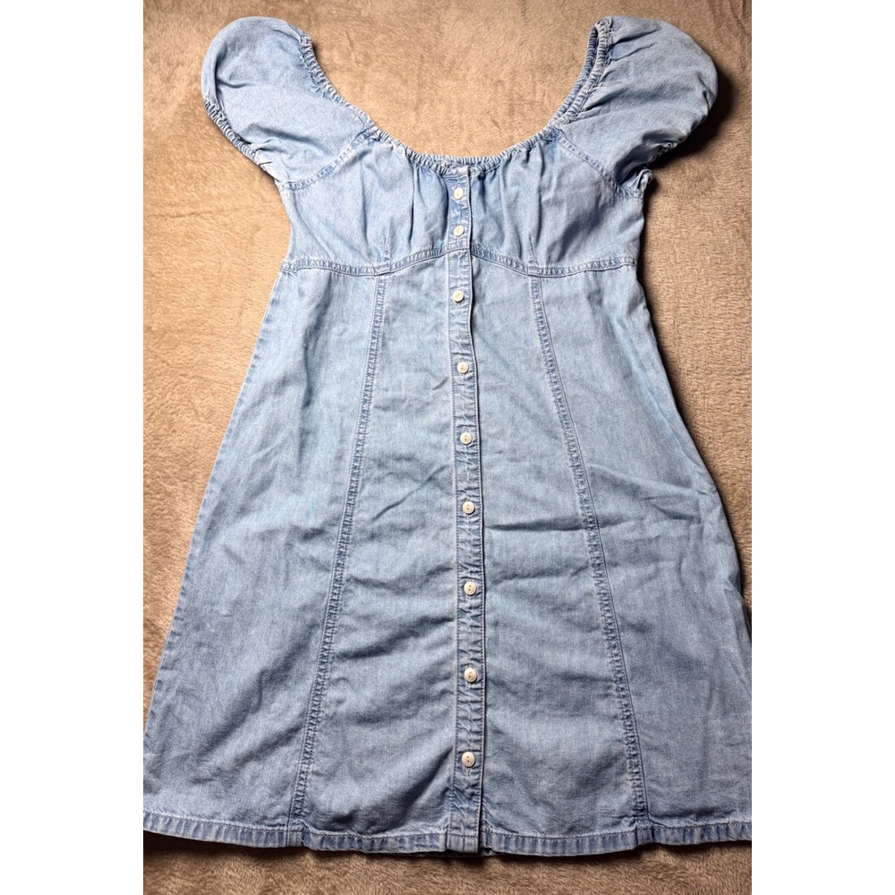 Madewell Light Wash Denim Puff Sleeve Mini Dress S2 ButterMom 90s style Classic